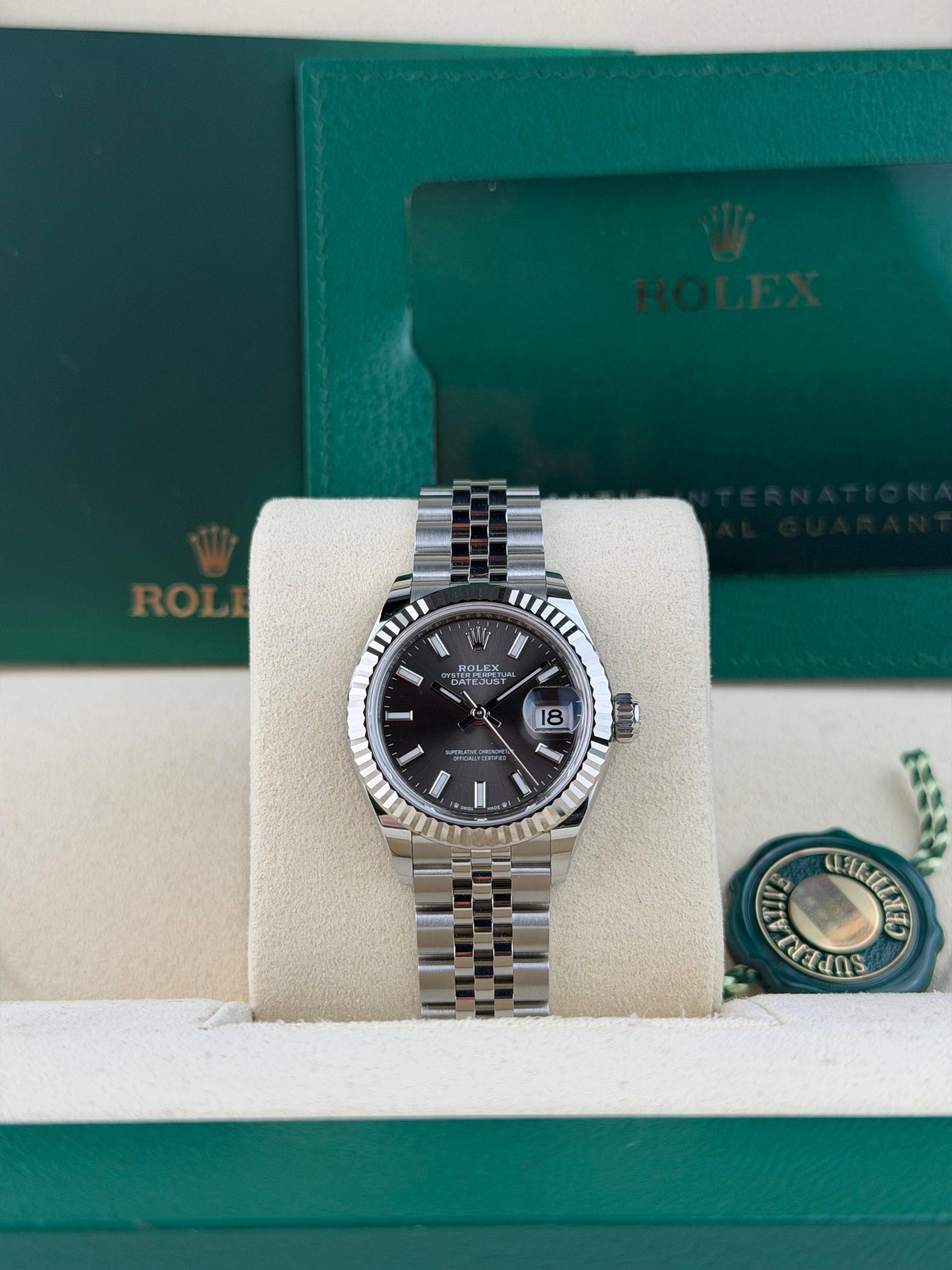 Rolex Datejust 28 Dark Grey Index Fluted Jubilee 2026 Unworn 279174