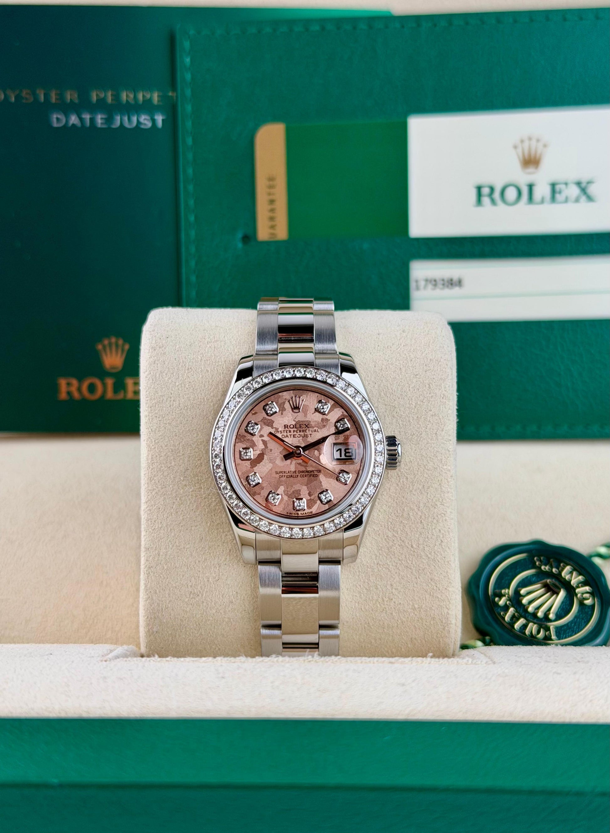 Rolex Datejust 26 Pink Rose Flakes Diamond Oyster Preowned 2017 179384RBR
