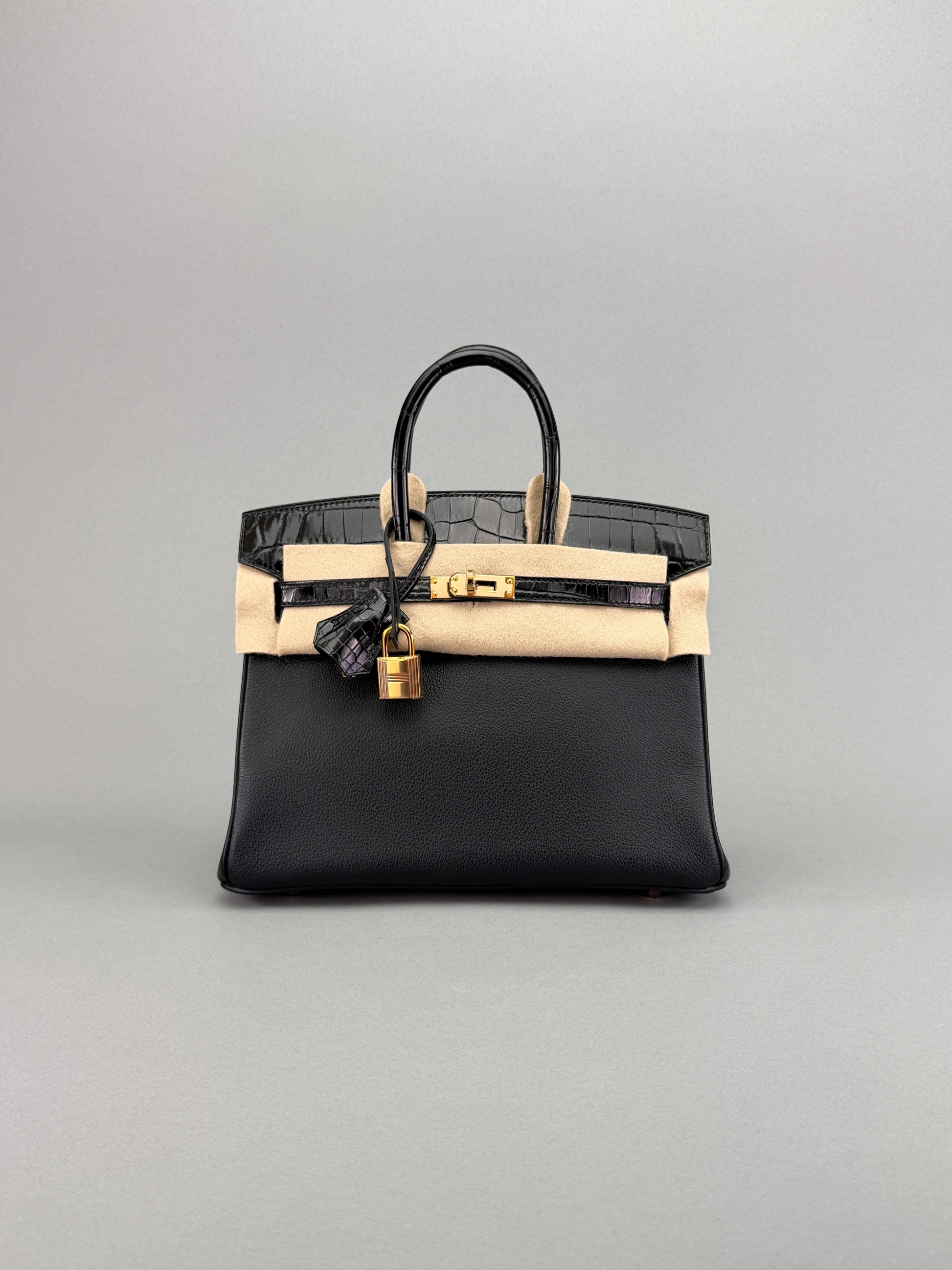 Hermes Birkin 25 Novillo Crcodile Touch Black Rose Gold Hardware D Stamp 2020