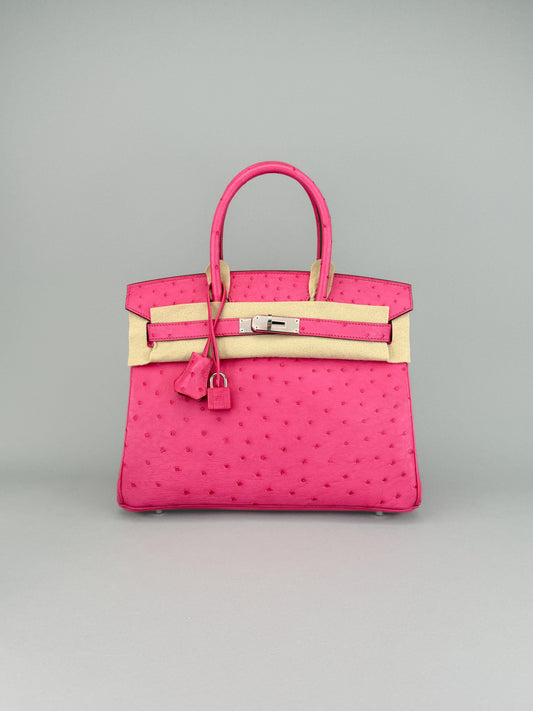 Hermes Birkin 30 Ostrich Rose Tyrien Palladium Hardware Preowned C Stamp