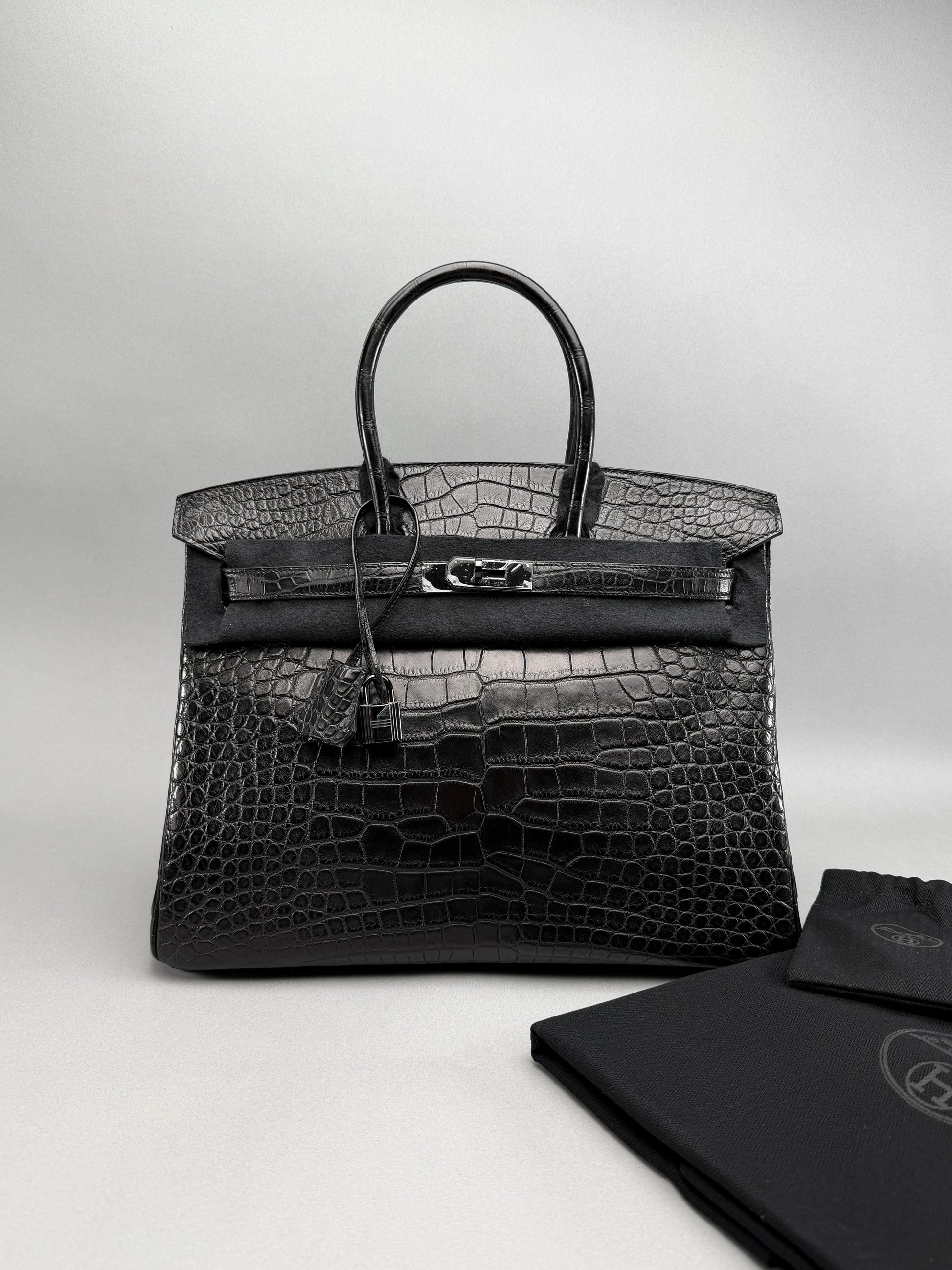 Hermes Birkin 35 Matte Alligator SO Black PVD Limited Preowned O Stamp