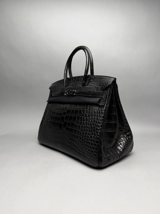 Hermes Birkin 35 Matte Alligator SO Black PVD Limited Preowned O Stamp
