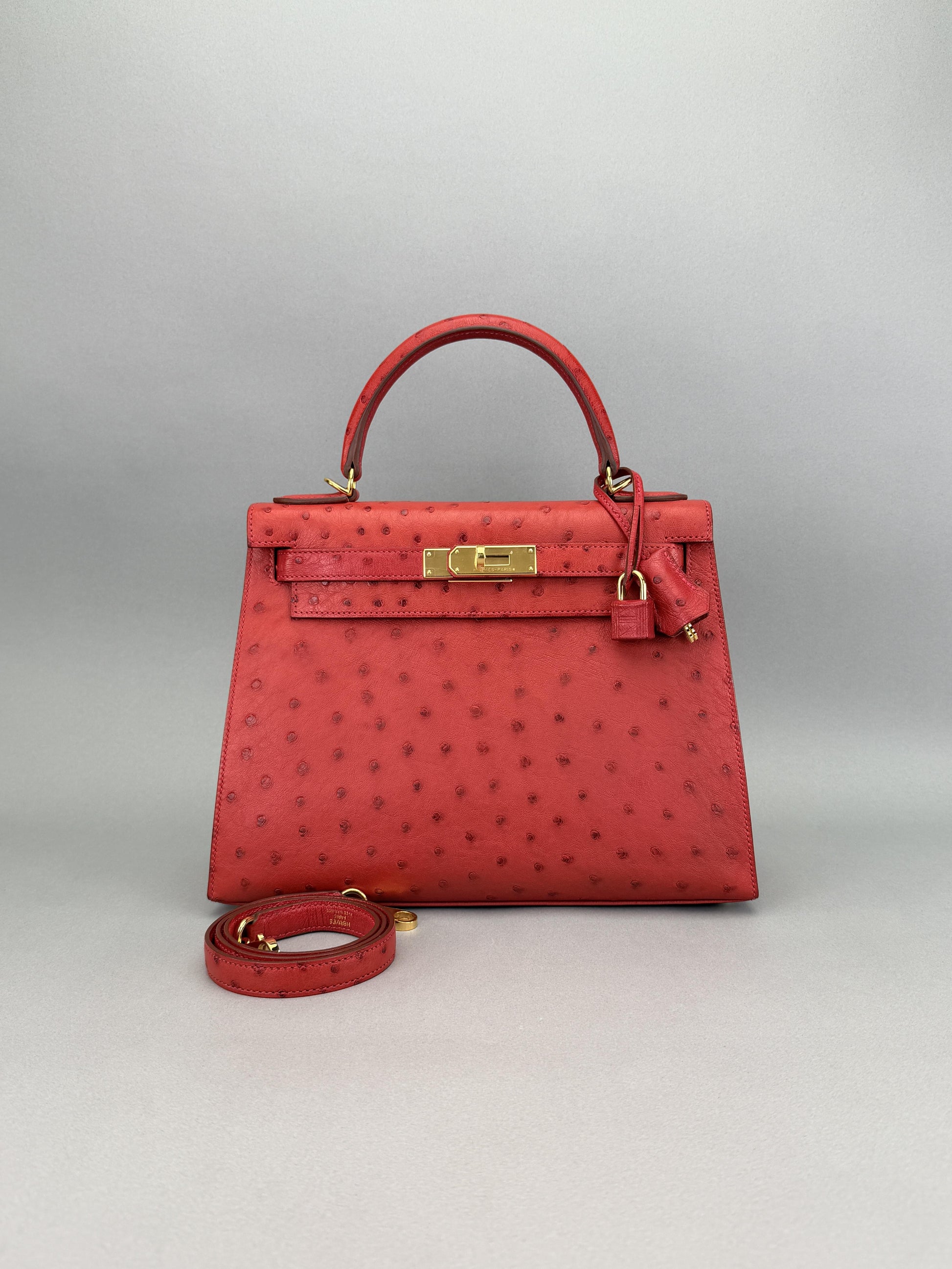 Hermes Kelly 28 Sellier Ostrich Rouge Vif Gold Hardware Preowned T Stamp