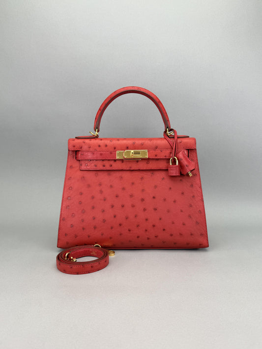 Hermes Kelly 28 Sellier Ostrich Rouge Vif Gold Hardware Preowned T Stamp
