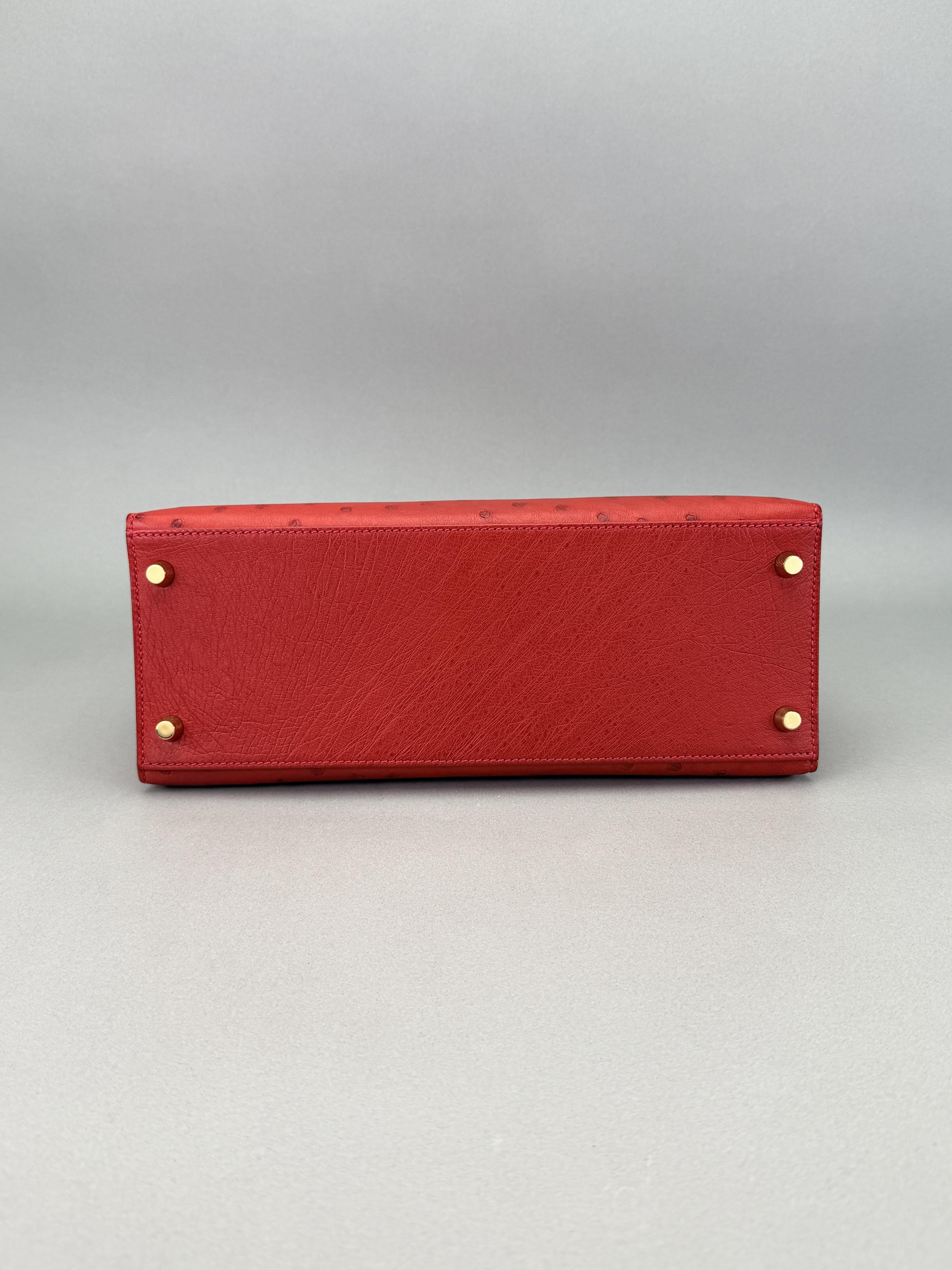 Hermes Kelly 28 Sellier Ostrich Rouge Vif Gold Hardware Preowned T Stamp