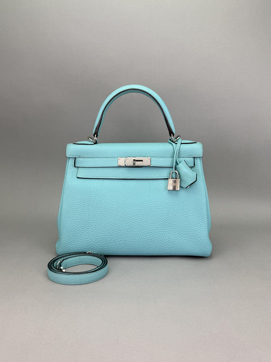 Hermes Kelly 28 Retourne Togo Blue Atoll Palladium Hardware Preowned T Stamp