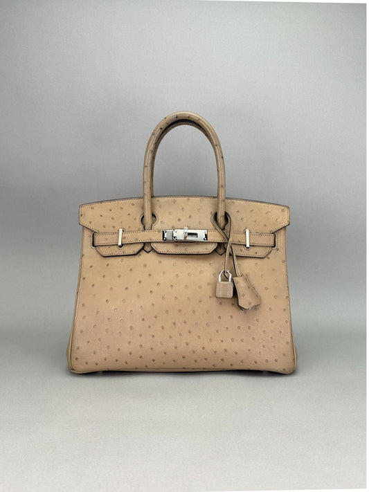 Hermes Birkin 30 Ostrich Gris Mousses Palladium Hardware Preowned Square O