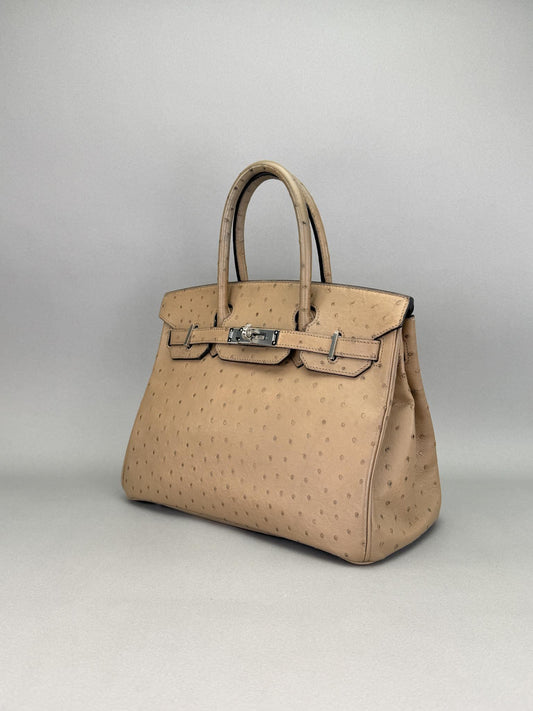 Hermes Birkin 30 Ostrich Gris Mousses Palladium Hardware Preowned Square O