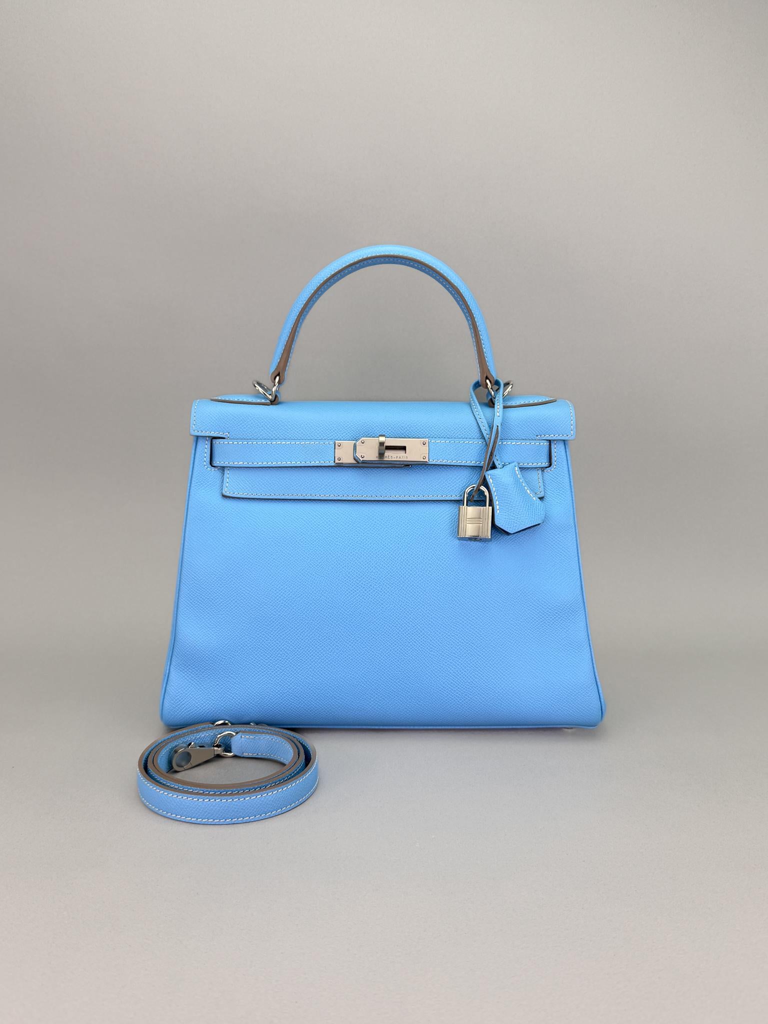 Hermes Kelly 28 Epsom Blue Celeste/Blu Jean Palladium Hardware Preowned Sqaure O