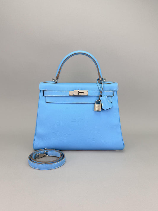 Hermes Kelly 28 Epsom Blue Celeste/Blu Jean Palladium Hardware Preowned Sqaure O