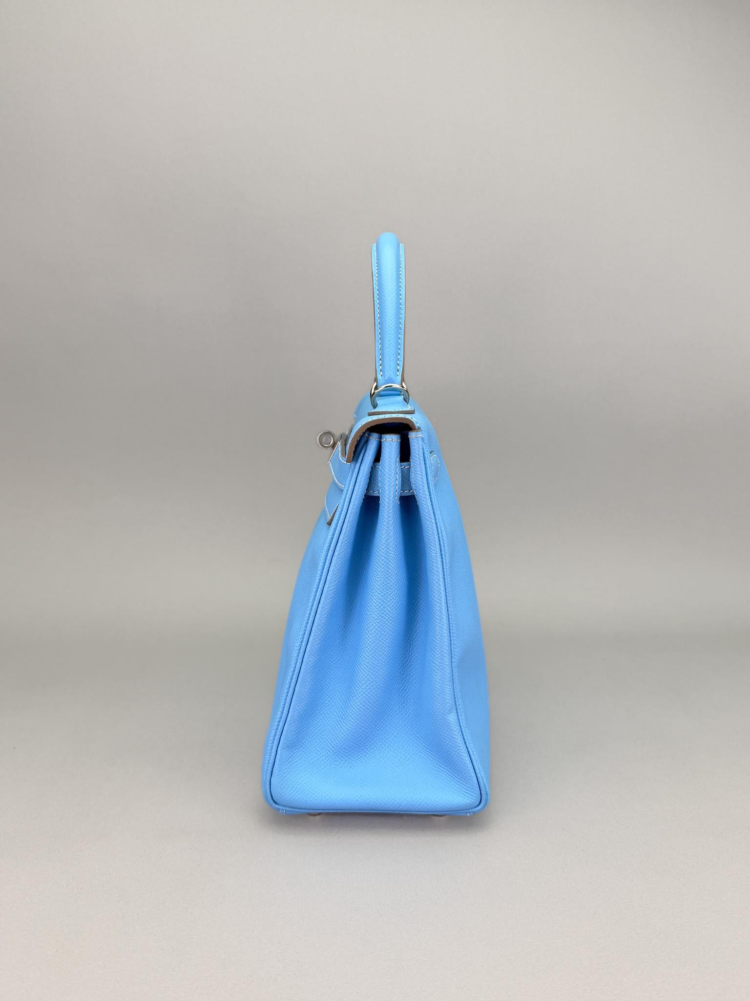 Hermes Kelly 28 Epsom Blue Celeste/Blu Jean Palladium Hardware Preowned Sqaure O