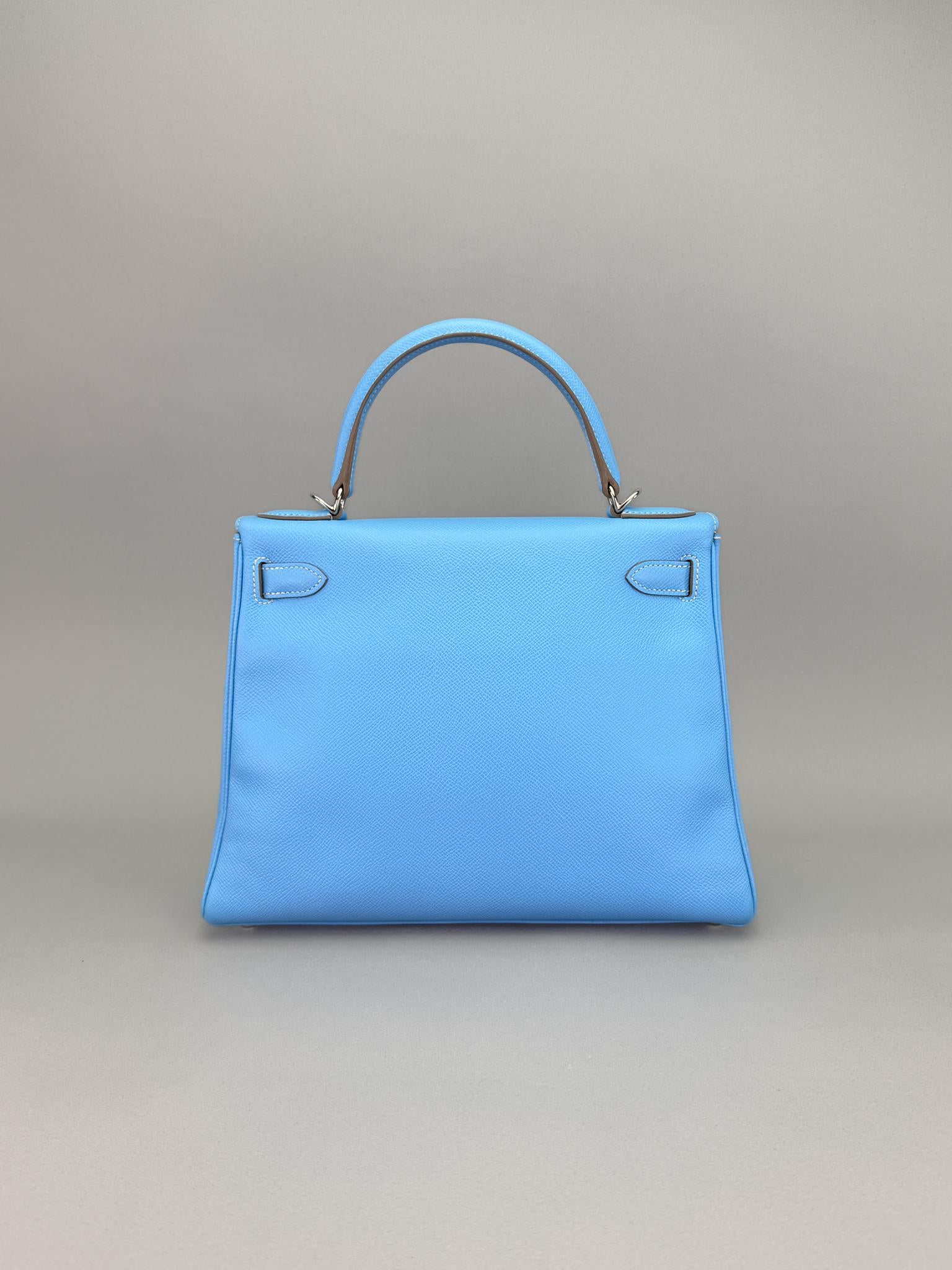 Hermes Kelly 28 Epsom Blue Celeste/Blu Jean Palladium Hardware Preowned Sqaure O