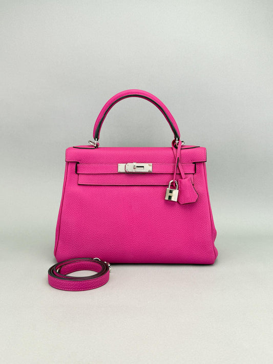 Hermes Kelly 28 Retourne Togo Magnolia Palladium Hardware Preowned C Stamp