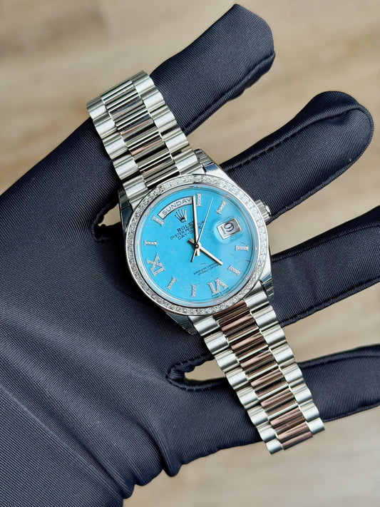 Rolex Day-date 36 Blue Turquoise VIIX Diamond President Preowned 2025 128396TBR