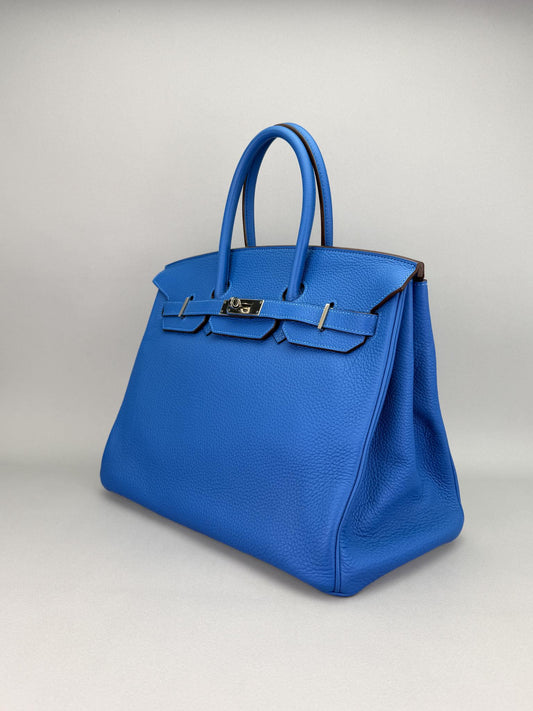 Hermes Birkin 35 Retourne Togo Blue Mykonos Palladium Hardware Preowned Square N