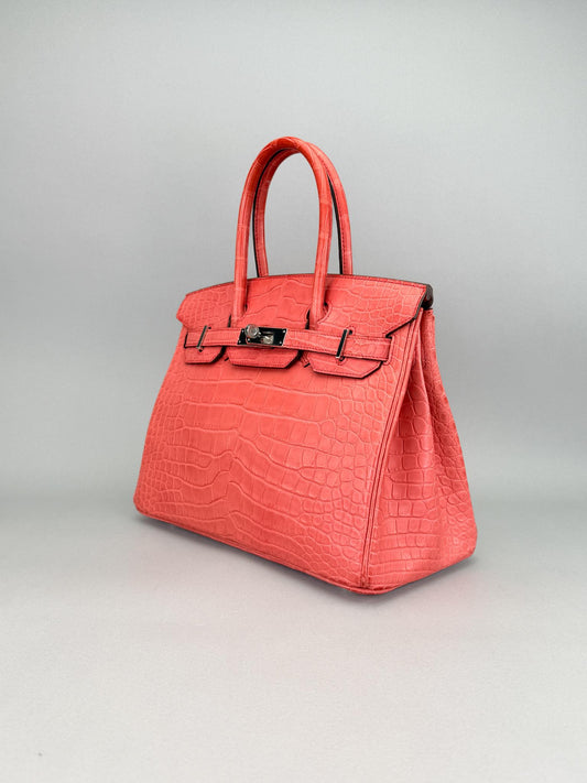 Hermes Birkin 30 Matte Alligator Bougainvillier Palladium Hardware Preowned C