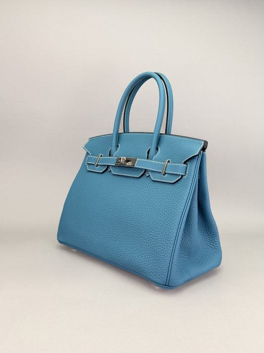 HERMES Birkin 30 Retourne Togo New Blue Jean Palladium Hardware K Stamp Unworn