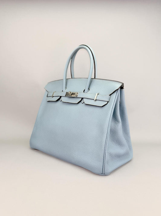 Hermes Birkin 35 Retourne Togo Blue Lin Palladium Hardware Preowned Square P