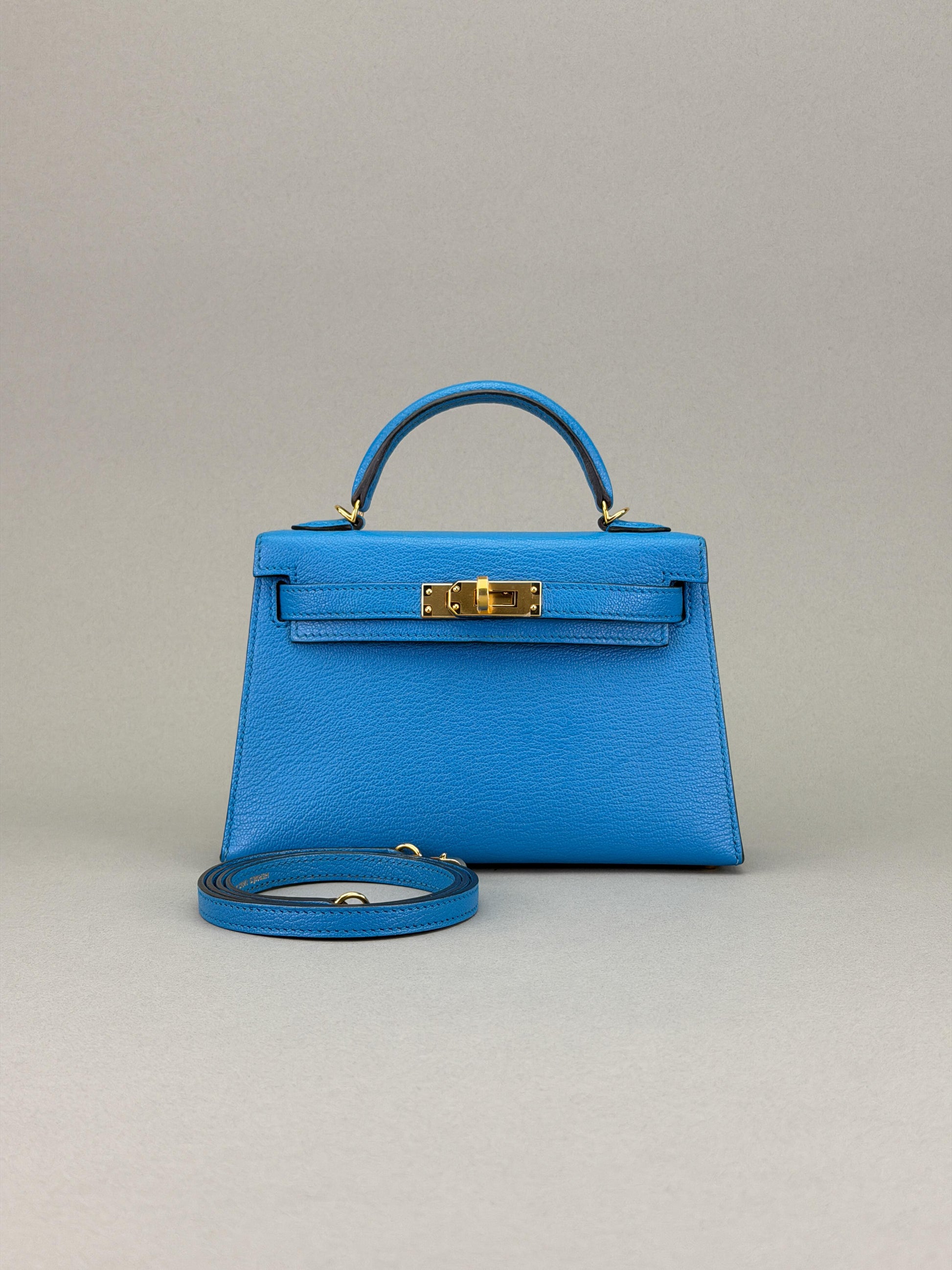 Hermes Mini Kelly II 20 Chevre Blue Frida Gold Hardware Preowned Y Stamp