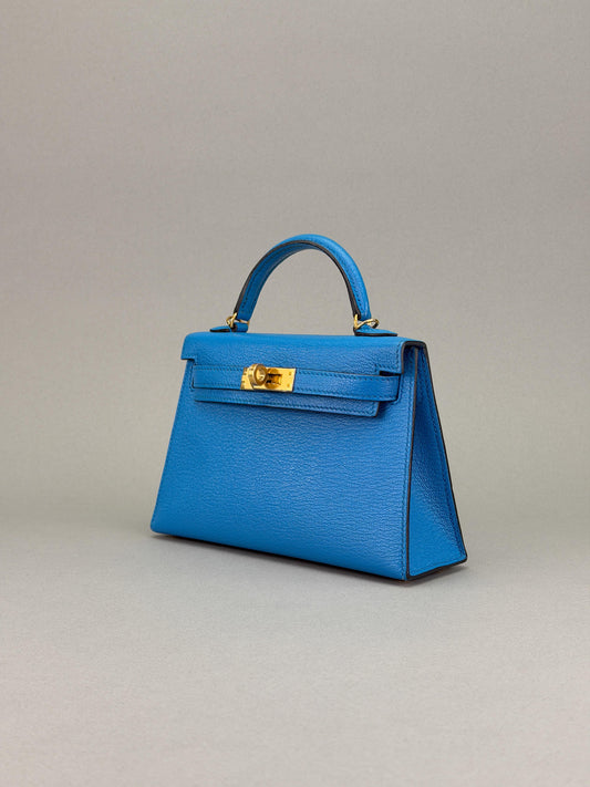 Hermes Mini Kelly II 20 Chevre Blue Frida Gold Hardware Preowned Y Stamp