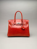 Hermes Birkin 30 Shiny Crocodile Geranium Palladium Hardware Preowned T Stamp