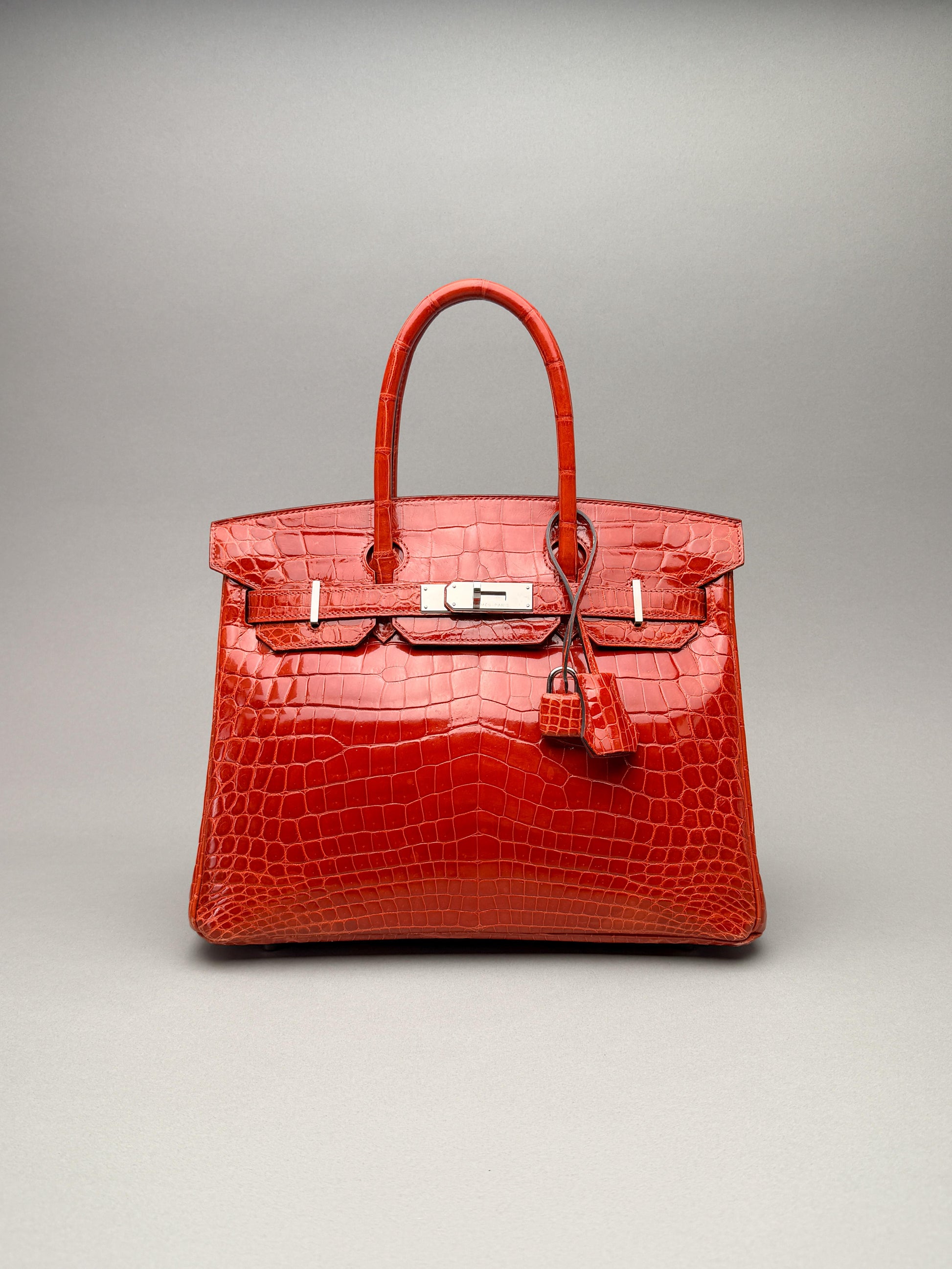 Hermes Birkin 30 Shiny Crocodile Geranium Palladium Hardware Preowned T Stamp