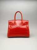 Hermes Birkin 30 Shiny Crocodile Geranium Palladium Hardware Preowned T Stamp