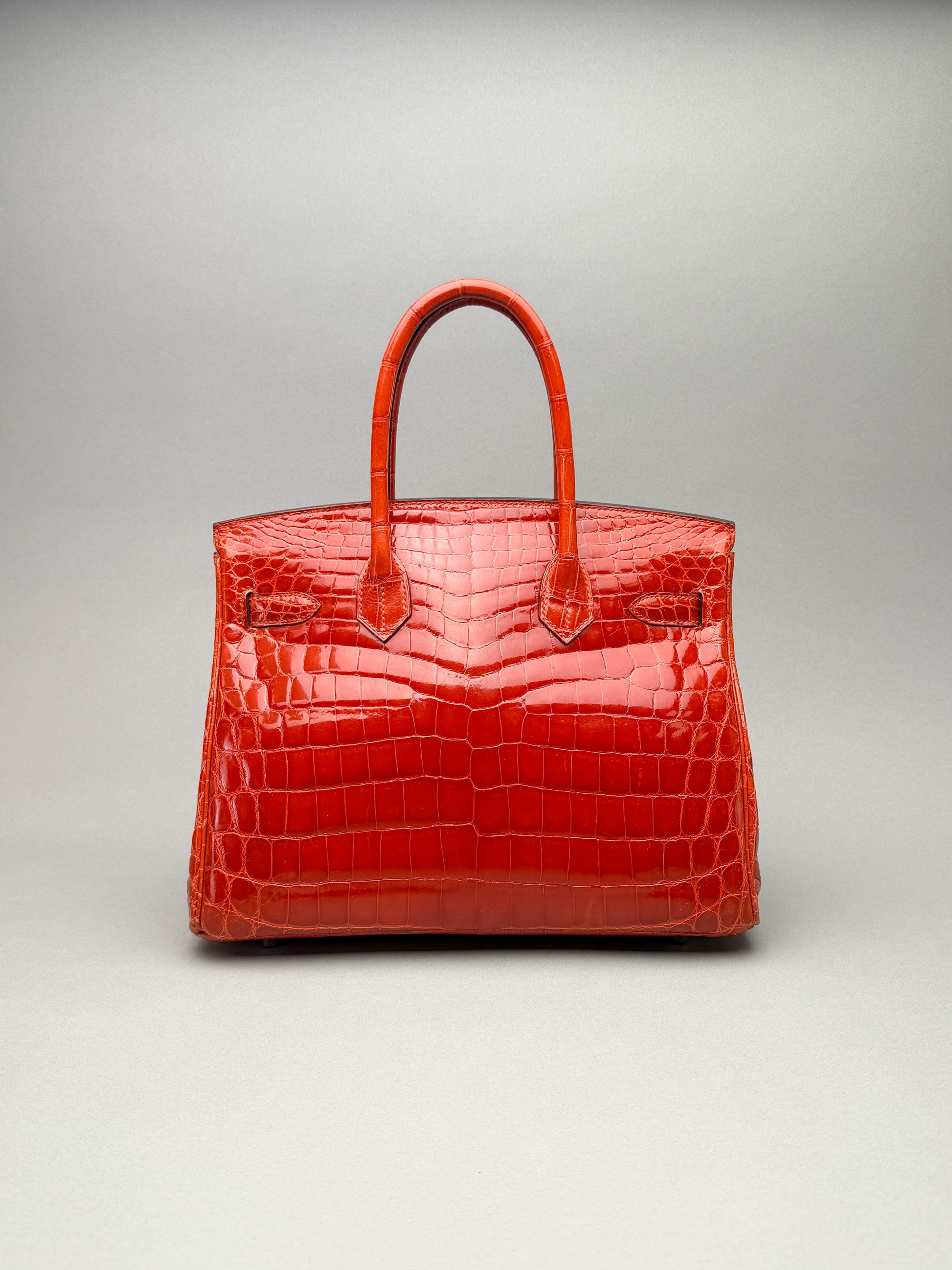 Hermes Birkin 30 Shiny Crocodile Geranium Palladium Hardware Preowned T Stamp