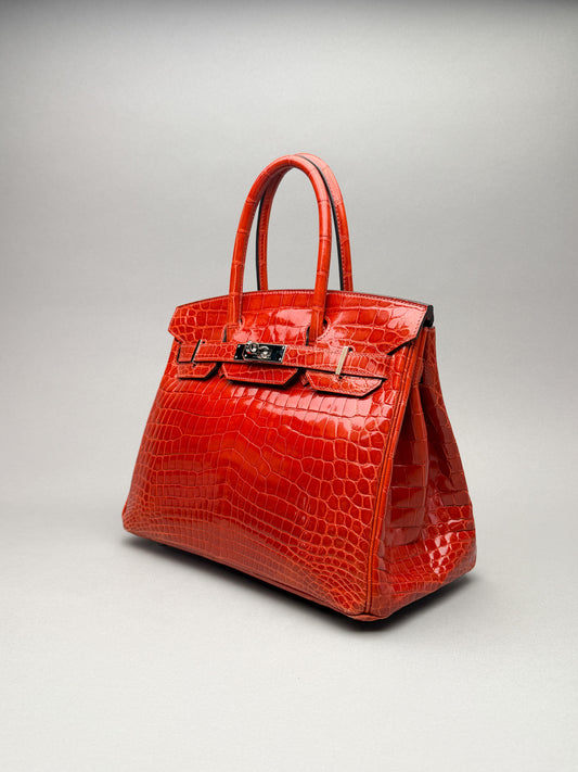Hermes Birkin 30 Shiny Crocodile Geranium Palladium Hardware Preowned T Stamp