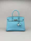 Hermes Birkin 30 Retourne Togo Blue Atoll Palladium Hardware Preowned T Stamp