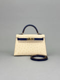 Hermes Mini Kelly 20 Ostrich HSS Beton/Blue Iris Champagne Hardware U Stamp 2023