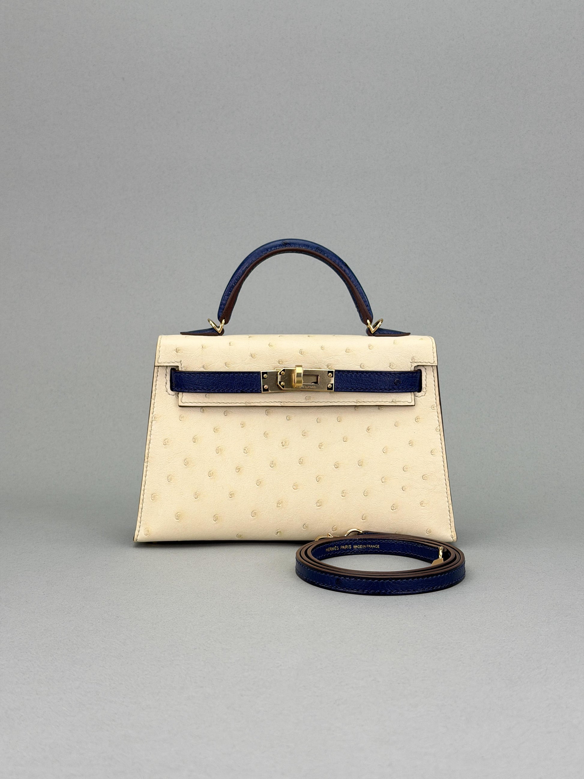 Hermes Mini Kelly 20 Ostrich HSS Beton/Blue Iris Champagne Hardware U Stamp 2023