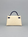 Hermes Mini Kelly 20 Ostrich HSS Beton/Blue Iris Champagne Hardware U Stamp 2023