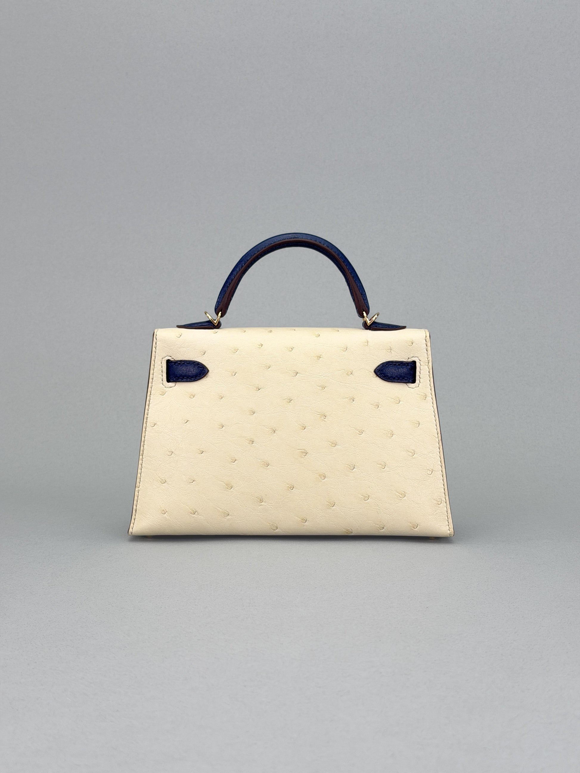 Hermes Mini Kelly 20 Ostrich HSS Beton/Blue Iris Champagne Hardware U Stamp 2023