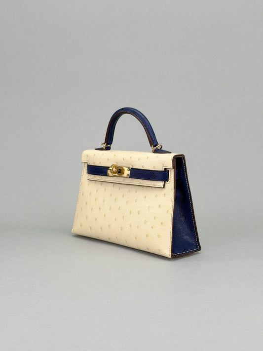 Hermes Mini Kelly 20 Ostrich HSS Beton/Blue Iris Champagne Hardware U Stamp 2023