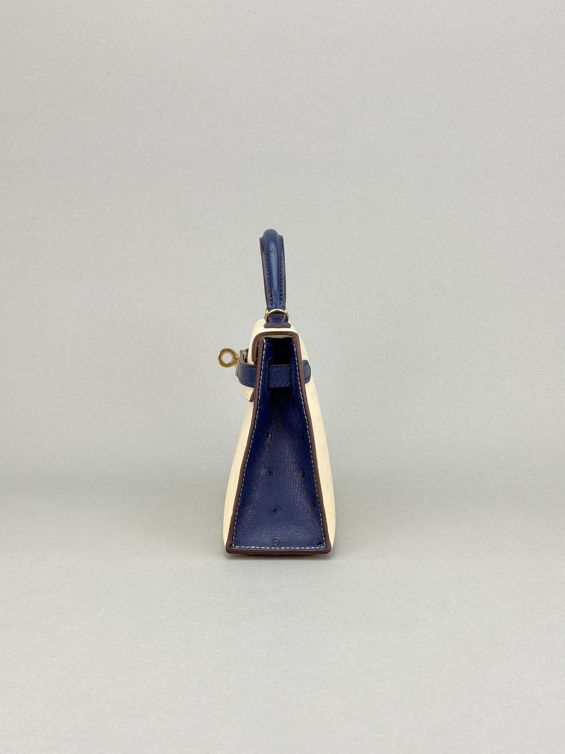 Hermes Mini Kelly 20 Ostrich HSS Beton/Blue Iris Champagne Hardware U Stamp 2023