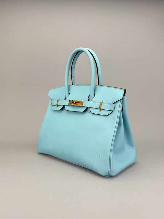 Hermes Birkin 30 Retourne Epsom Blue Atoll Gold Hardware Preowned Y Stamp