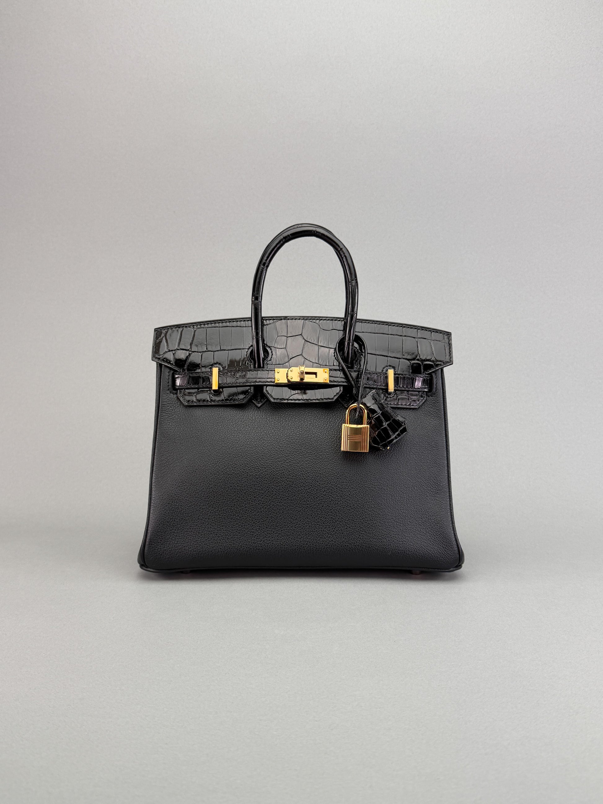 Hermes Birkin 25 Novillo Crcodile Touch Black Rose Gold Hardware D Stamp 2020