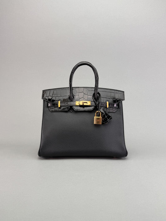 Hermes Birkin 25 Novillo Crcodile Touch Black Rose Gold Hardware D Stamp 2020