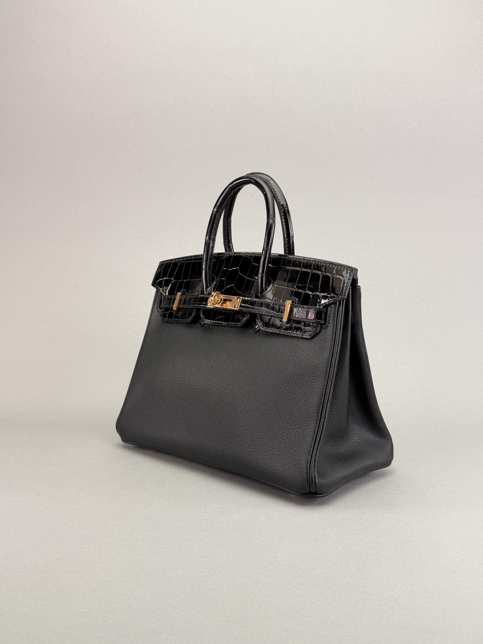 Hermes Birkin 25 Novillo Crcodile Touch Black Rose Gold Hardware D Stamp 2020