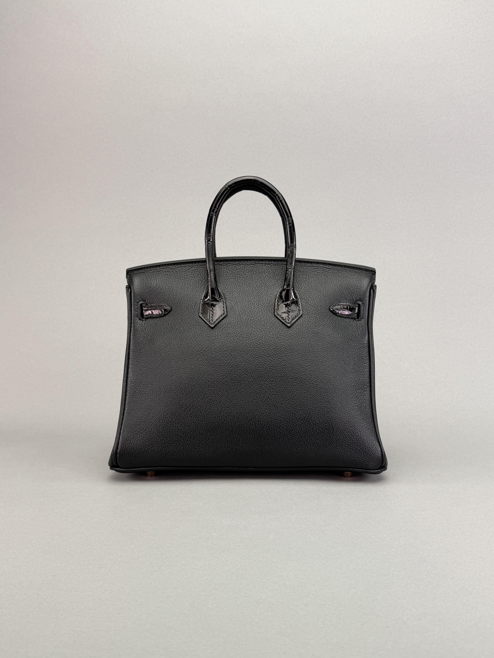 Hermes Birkin 25 Novillo Crcodile Touch Black Rose Gold Hardware D Stamp 2020