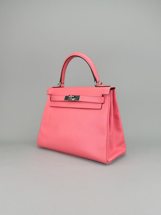 Hermes Kelly 28 Retourne Evercolor Rose D'ete Palladium Hardware Preowned T Stmp