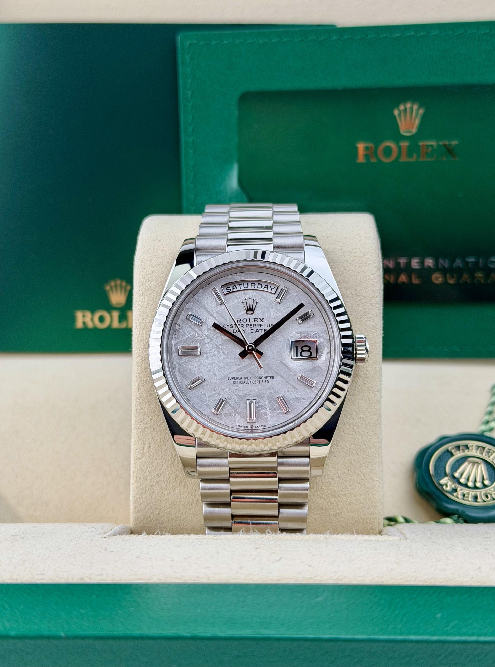 Rolex Day-Date 40 Meteorite Baguette Diamd Fluted President Preowned 2023 228236