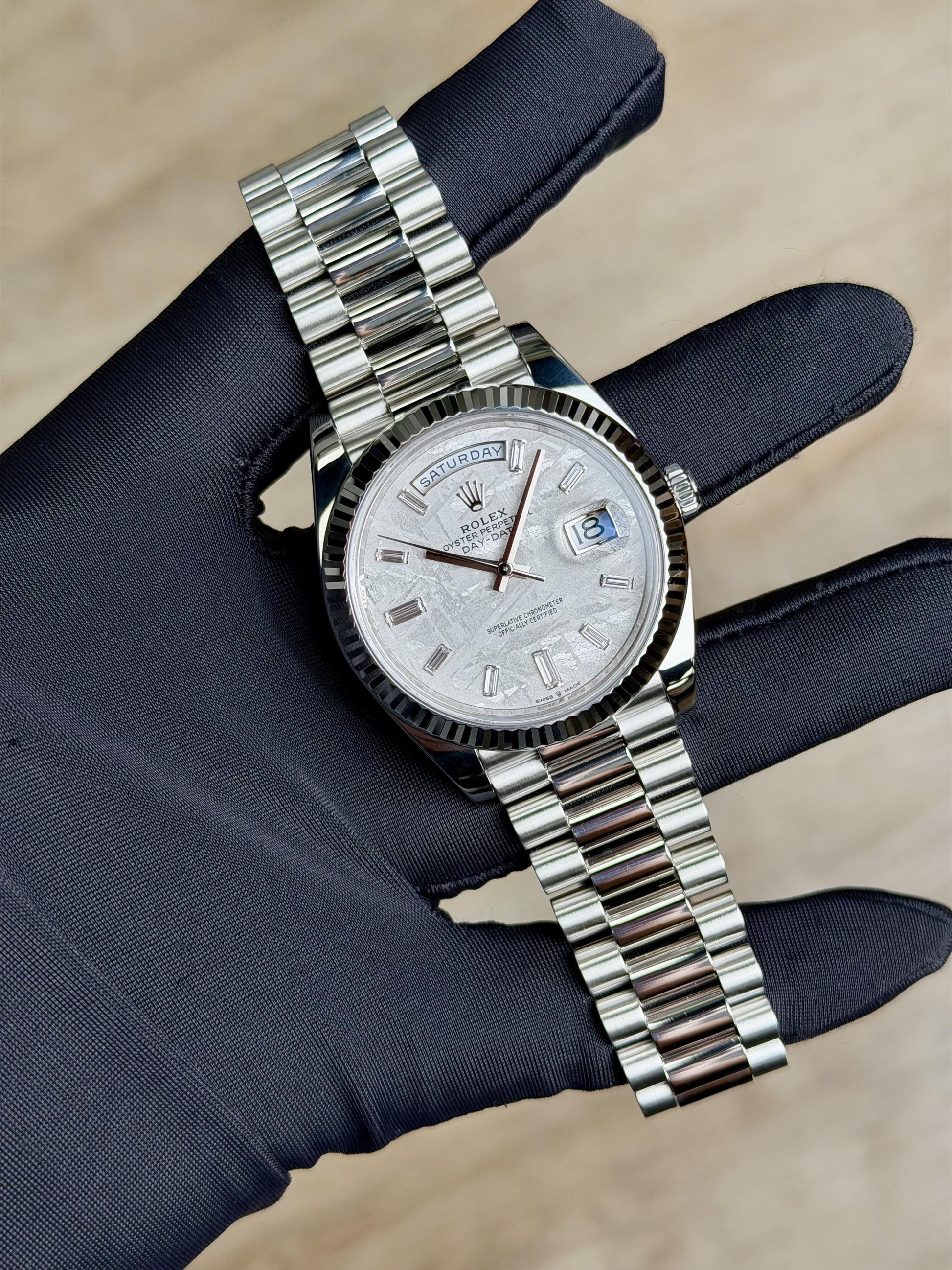 Rolex Day-Date 40 Meteorite Baguette Diamd Fluted President Preowned 2023 228236