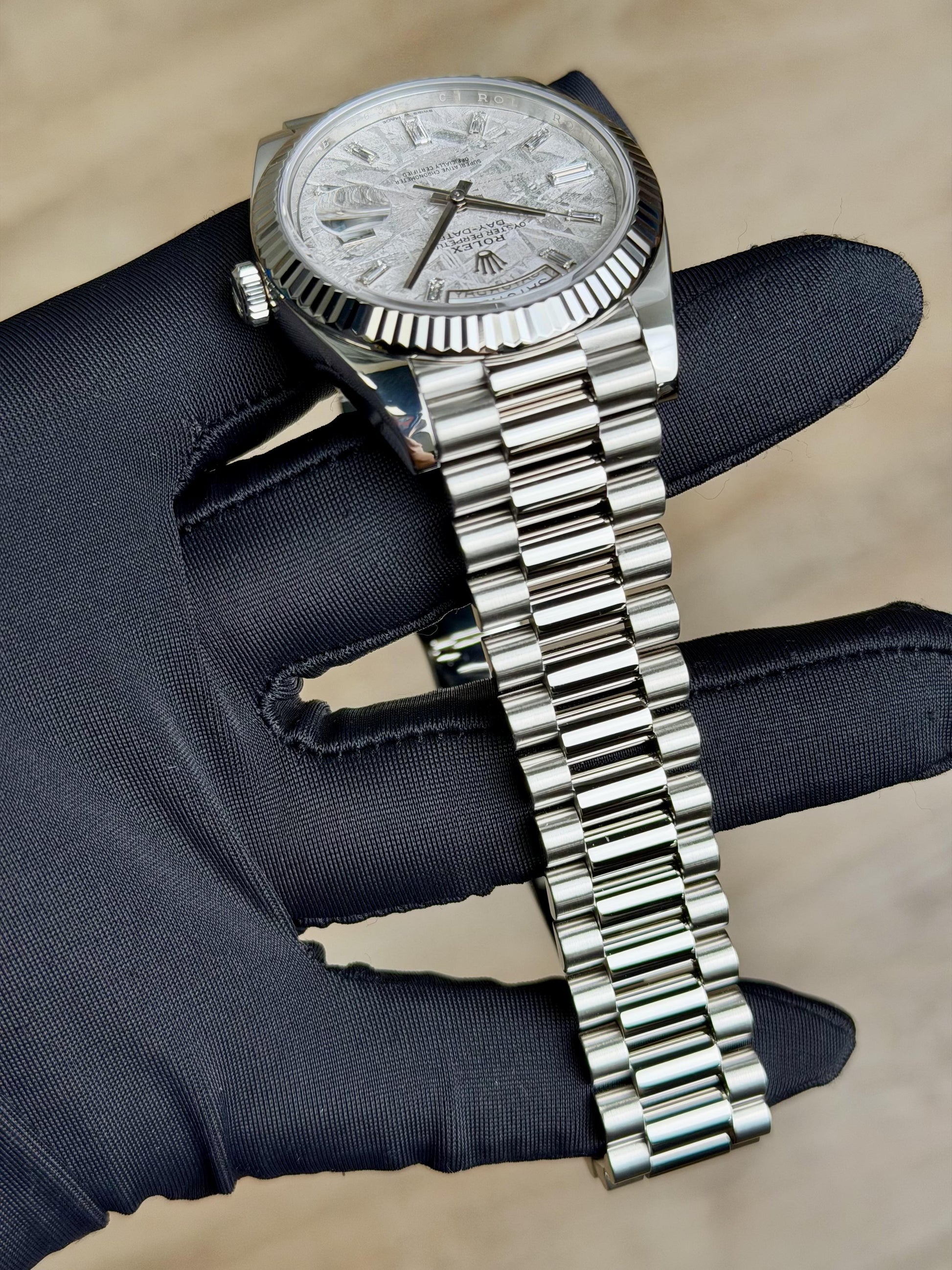 Rolex Day-Date 40 Meteorite Baguette Diamd Fluted President Preowned 2023 228236