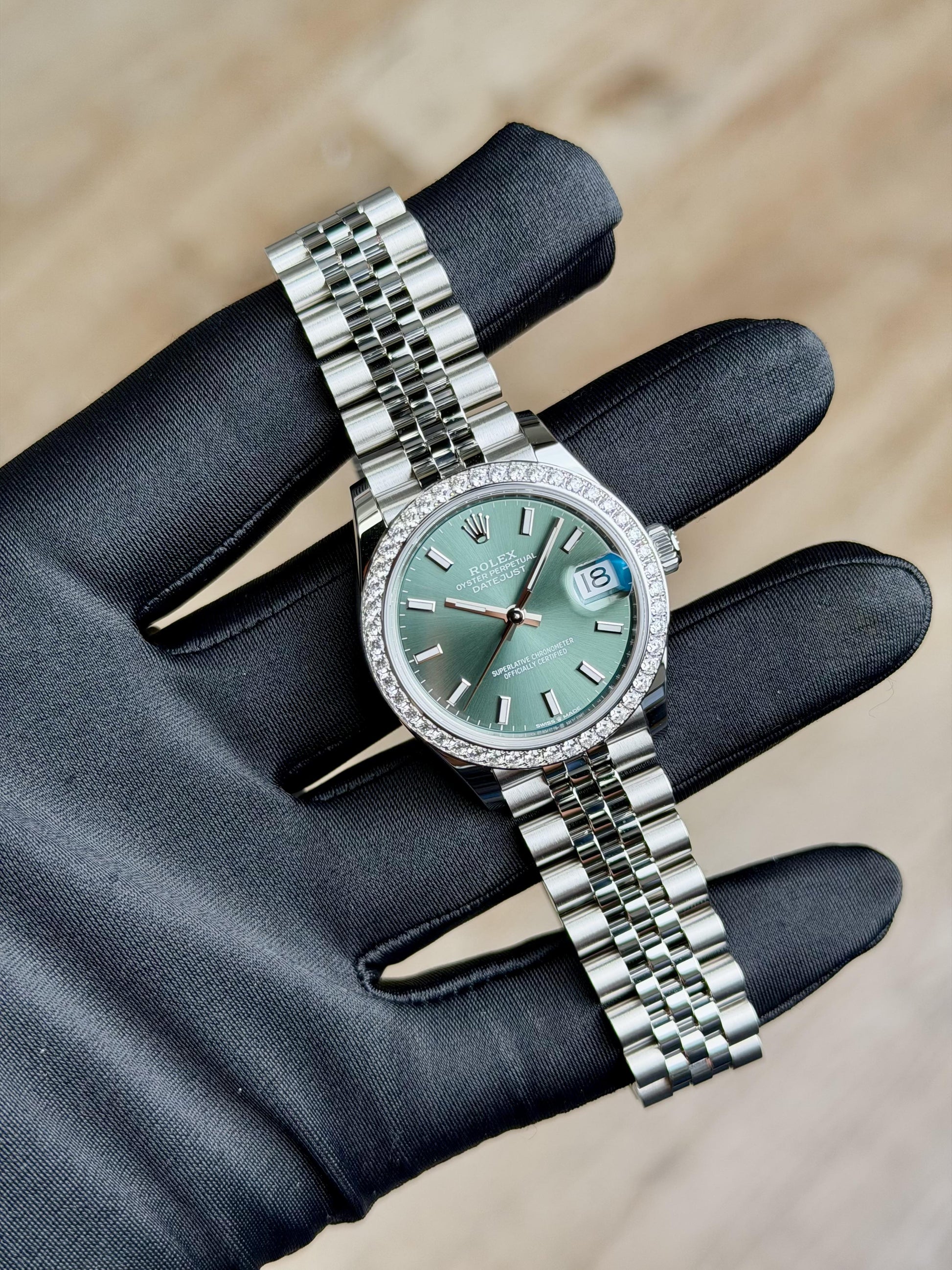 Rolex Datejust 31 Mint Green Index Diamond Bezel Jubilee 2026 Unworn 278384RBR