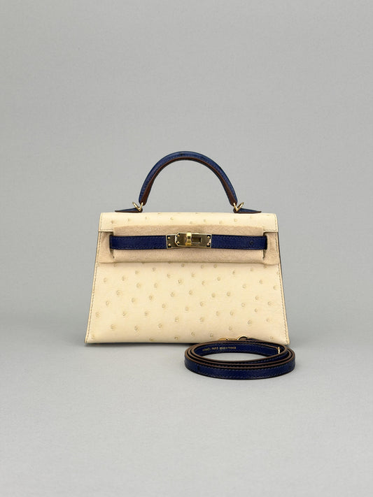Hermes Mini Kelly 20 Ostrich HSS Beton/Blue Iris Champagne Hardware U Stamp 2023