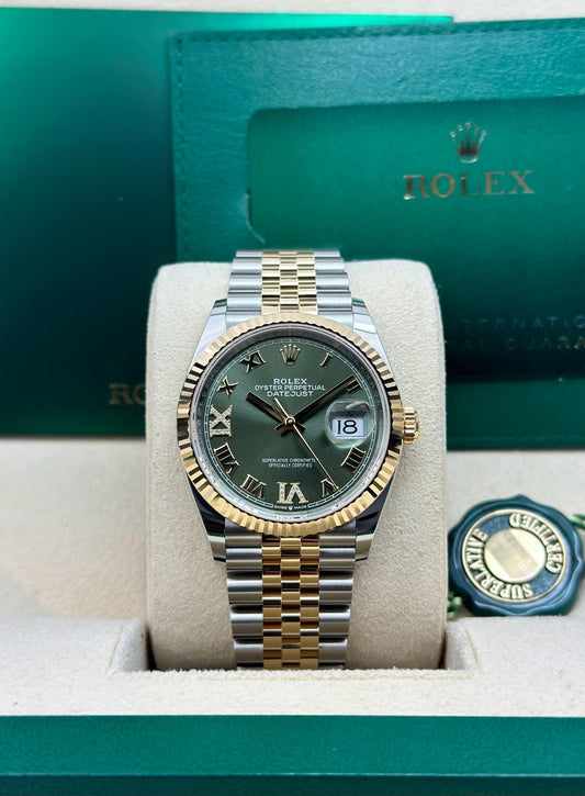 Rolex Datejust 36 Olive Green Roman VIIX Fluted Jubilee 2026 Unworn 126233