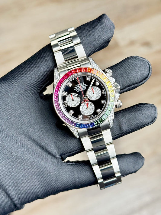 Rolex Daytona 40 Black Diamond Rainbow Saphhire Oyster Preowned 116599RBOW
