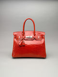 Hermes Birkin 30 Shiny Crocodile Geranium Palladium Hardware Preowned T Stamp